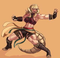 Rule 34 | 1girl, abs, absurdres, au ra, blonde hair, boots, commission, dragon horns, dragon tail, ezzydraws, fangs, fighting stance, final fantasy, final fantasy xiv, fingerless gloves, gloves, highres, horns, long hair, monk, muscular, muscular female, orange background, orange eyes, sash, shoulder tattoo, solo, tail, tank top, tattoo, warrior of light (ff14)