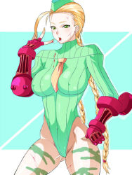 Rule 34 | 1girl, blonde hair, blood, breasts, cammy white, capcom, covered erect nipples, hdkg, large breasts, licking, resized, scar, street fighter, twintails