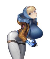 Rule 34 | 1girl, absurdres, alternate breast size, animification, apex legends, befe, bent over, blonde hair, blue bodysuit, blue eyes, blue gloves, blue headwear, bodysuit, breasts, commentary, electricity, english commentary, facial scar, gloves, highres, hood, hooded bodysuit, hooded jacket, jacket, large breasts, orange jacket, ribbed bodysuit, scar, scar on cheek, scar on face, smile, solo, wattson (apex legends), white background, white bodysuit
