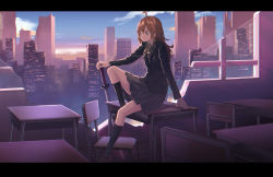 Rule 34 | 1girl, :/, ahoge, arm support, blazer, blonde hair, blue eyes, blue skirt, blue socks, brown footwear, building, chair, closed mouth, cloud, collared shirt, damaged, day, desk, from side, full body, hand on hilt, highres, jacket, kneehighs, letterboxed, loafers, long hair, long sleeves, looking to the side, megumegu hosi 117, neck ribbon, original, outdoors, parquet floor, pleated skirt, rebar, ribbon, school desk, school uniform, shirt, shoes, sitting, skirt, sky, skyscraper, socks, solo, sunset, sword, weapon, white shirt, wing collar, yellow ribbon
