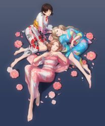 Rule 34 | 10s, 3girls, arm support, barefoot, black hair, blonde hair, blue background, blue eyes, braid, brown eyes, brown hair, crown braid, earrings, floral print, flower, gradient background, grey background, highres, japanese clothes, jewelry, kimono, looking at viewer, lying, matching hair/eyes, md5 mismatch, multiple girls, nail polish, niijima makoto, obi, okumura haru, on back, on side, parted lips, persona, persona 5, petals, pink flower, pink nails, qingxingzhen, red eyes, resolution mismatch, sash, short hair, smirk, source larger, stud earrings, takamaki anne, toenails, twintails, wavy hair, yukata