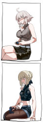 Rule 34 | 2girls, absurdres, ahoge, artoria pendragon (all), artoria pendragon (fate), bad id, bad pixiv id, blush, breast conscious, breasts, brown eyes, brown legwear, club3, controller, crossed legs, drink, drinking straw, failure, fate/grand order, fate (series), game controller, hair bun, highres, jeanne d&#039;arc (fate), jeanne d&#039;arc alter (avenger) (fate), jeanne d&#039;arc alter (fate), large breasts, light brown hair, midriff, mouth hold, multiple girls, pantyhose, pencil skirt, ribbed shirt, saber alter, shiny clothes, shirt, short hair, short shorts, shorts, silver hair, single hair bun, sitting, skirt, sleeveless, sleeveless shirt, spill, tears, turtleneck