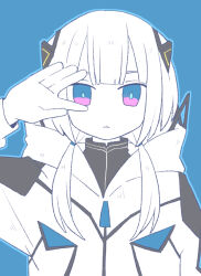 Rule 34 | 1girl, arm at side, blue background, blue eyes, blue outline, blue pupils, blunt bangs, cevio, closed mouth, commentary, expressionless, gesture request, hair ornament, hair over shoulder, hand up, hood, hood down, hooded jacket, jacket, kafu (cevio), kamitsubaki studio, limited palette, long hair, long sleeves, looking at viewer, low twintails, multicolored eyes, outline, peeking through fingers, pink eyes, simple background, solo, straight-on, t705gp, turtleneck, twintails, upper body, white hair, white jacket, zipper