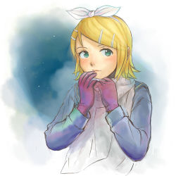 Rule 34 | 1girl, bad id, bad pixiv id, blonde hair, female focus, gloves, gradient background, green eyes, kagamine rin, lowres, moggy moggy, night, outdoors, sky, solo, star (symbol), vocaloid