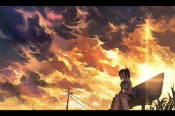 Rule 34 | 1girl, backlighting, bad id, bad pixiv id, bag, bench, black hair, blue eyes, blurry, cloud, cloudy sky, film grain, grass, hands on lap, happy, high ponytail, highres, knees together feet apart, lens flare, letterboxed, long hair, m.b, neck ribbon, open mouth, original, overcast, ponytail, power lines, ribbon, scenery, school bag, school uniform, sitting, skirt, sky, smile, solo, sunset, utility pole