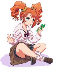Rule 34 | 1girl, :p, blush, bow, bowtie, cellphone, clothes around waist, collared shirt, full body, green eyes, gyaru, highres, holding, holding phone, idolmaster, idolmaster (classic), indian style, kogal, long hair, looking at viewer, loose bowtie, orange hair, phone, ryubii (pokespruby), shirt, simple background, sitting, skirt, smartphone, solo, sweater, sweater around waist, takatsuki yayoi, tongue, tongue out, twintails, white background