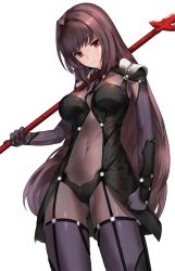 Rule 34 | 1girl, armor, bodysuit, breasts, closed mouth, covered navel, fate/grand order, fate (series), gae bolg (fate), hair between eyes, hair intakes, hip focus, kfr, large breasts, long hair, looking at viewer, pauldrons, polearm, purple bodysuit, purple hair, red eyes, scathach (fate), shoulder armor, simple background, solo, spear, thighs, weapon, white background