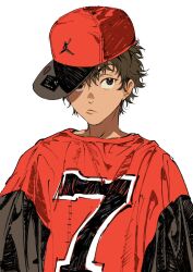 Rule 34 | 1boy, age regression, aged down, atie1225, baseball cap, black hair, clothes writing, commentary, frown, hat, highres, long sleeves, looking at viewer, male focus, miyagi ryouta, oversized clothes, red hat, red shirt, shirt, short hair, simple background, slam dunk (series), solo, upper body, white background
