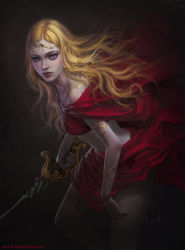 Rule 34 | 1girl, artist name, blonde hair, dragon fin soup, freckles, highres, jewelry, lips, little red riding hood, long hair, looking at viewer, original, purple eyes, randis, red robin, solo, sword, watermark, weapon, web address