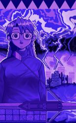 Rule 34 | 1girl, absurdres, building, cactus, city, closed mouth, cloud, daylight44492, glasses, highres, lightning, long hair, looking at viewer, original, purple theme, solo, sweater, turtleneck, turtleneck sweater