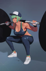 Rule 34 | 1girl, abs, absurdres, barbell, baseball cap, breasts, cleavage, dark-skinned female, dark skin, dgk, exercising, gloves, green hair, grin, hat, highres, large breasts, last origin, looking at viewer, mighty r, muscular, navel, red eyes, shoes, short hair, simple background, skin tight, smile, sneakers, solo, spandex, sports bra, squatting, strong, sweat, tan, toned, weightlifting, weights