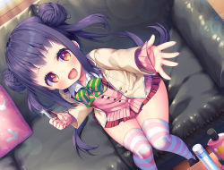 Rule 34 | 1girl, :d, absurdres, asa no ha (awayuki), black footwear, bow, bowtie, brown eyes, cardigan vest, couch, double bun, from above, green bow, hair bun, highres, holding, indoors, lens flare, long hair, long sleeves, makeup, nail clippers, non-web source, open mouth, original, outstretched arm, pillow, pink vest, plaid, purple hair, red skirt, shizuno kanakiri, sidelocks, sitting, skirt, smile, solo, striped clothes, striped thighhighs, thighhighs, thighs, twintails, vest, wooden floor