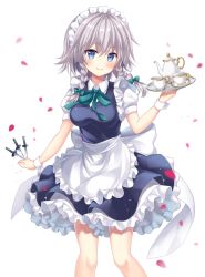 Rule 34 | 1girl, apron, bad id, bad pixiv id, between fingers, blue eyes, blush, bow, braid, breasts, commentary, cup, dress, feet out of frame, frilled apron, frills, green bow, green ribbon, hair bow, holding, holding knife, holding tray, holding weapon, izayoi sakuya, knife, knives between fingers, looking at viewer, maid, maid apron, maid headdress, mayo (miyusa), medium breasts, neck ribbon, petals, petticoat, ribbon, rose petals, short dress, short hair, silver hair, simple background, smile, solo, standing, taut clothes, taut dress, teacup, teapot, touhou, tray, twin braids, waist apron, weapon, white apron, white background, wrist cuffs