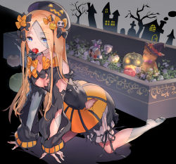 Rule 34 | 1girl, abigail williams (fate), all fours, bag, barefoot, black bow, black dress, black hat, blonde hair, blue eyes, blush, bow, breasts, candy, cookie, dress, fate/grand order, fate (series), food, forehead, hair bow, halloween, halloween costume, hat, jack-o&#039;-lantern, lollipop, long hair, long sleeves, looking at viewer, mouth hold, multiple hair bows, orange bow, orange skirt, parted bangs, patchwork skin, pumpkin, skirt, small breasts, solo, stuffed animal, stuffed toy, teddy bear, thighs, torn clothes, torn dress, yuduki (tt-yuduki), zombie