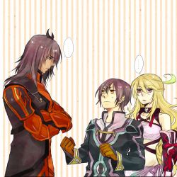 Rule 34 | ..., 1girl, 2boys, aimaria34, armor, bare shoulders, black hair, blonde hair, breasts, brown eyes, coat, crossed arms, detached sleeves, gaius (tales), gloves, height difference, jude mathis, long hair, milla maxwell, multicolored hair, multiple boys, nervous, red eyes, ribbon, skirt, surcoat, tales of (series), tales of xillia, yellow background, yellow eyes