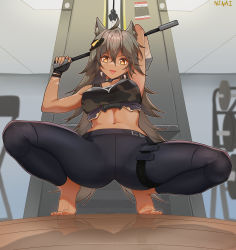 Rule 34 | 1girl, abs, absurdres, animal ears, bare arms, bare shoulders, barefoot, belly, breasts, cr-21 (girls&#039; frontline), dark-skinned female, dark skin, exercising, exercise machine, extra ears, feet, girls&#039; frontline, grey hair, gym, highres, long hair, looking at viewer, medium breasts, navel, ninai, open mouth, sportswear, tongue, tongue out