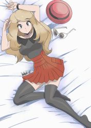 Rule 34 | 1girl, absurdres, arms up, bed sheet, black shirt, black thighhighs, blush, bracelet, breasts, brown hair, collarbone, creatures (company), danmakuman, feet, game freak, grey eyes, hat, highres, jewelry, large breasts, legs, long hair, looking at viewer, lying, nintendo, on back, parted lips, pleated skirt, pokemon, pokemon xy, red hat, red skirt, serena (pokemon), shirt, short sleeves, skirt, soles, solo, sunglasses removed, thighhighs, thighs, unworn hat, unworn headwear