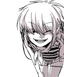 Rule 34 | 1girl, a-ka, bent over, cellphone, gorillaz, greyscale, hair over eyes, happy, looking at viewer, monochrome, noodle (gorillaz), one eye closed, phone, shirt, short hair, shorts, simple background, sketch, smile, solo, striped clothes, striped shirt, white background, wink