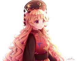 Rule 34 | 1girl, absurdres, black dress, black hat, black sleeves, blonde hair, chinese clothes, crescent, dress, hat, highres, junko (touhou), long hair, long sleeves, pom pom (clothes), red eyes, red tabard, shading, signature, simple background, solo, tabard, touhou, very long hair, white background, yellow neckwear