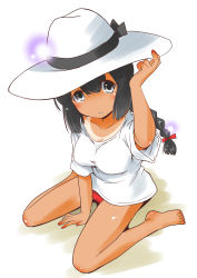Rule 34 | 1girl, absurdres, barefoot, black eyes, black hair, braid, commentary request, dark-skinned female, dark skin, hair between eyes, hat, highres, isonami (kancolle), kantai collection, long hair, looking at viewer, one-hour drawing challenge, shirt, sidelocks, simple background, sitting, solo, sun hat, taisinkoku, tan, tanline, twin braids, wariza, white background, white hat, white shirt