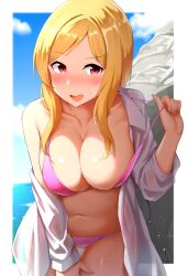Rule 34 | 1girl, bikini, blonde hair, blue sky, blush, border, breasts, cleavage, cloud, collarbone, collared shirt, commentary request, cowboy shot, day, halterneck, hand on own thigh, hand up, highres, horizon, idolmaster, idolmaster million live!, karua (karua23), large breasts, leaning forward, lifted by self, long hair, long sleeves, looking at viewer, momose rio, navel, nose blush, ocean, off shoulder, open mouth, outdoors, outside border, pink bikini, pink eyes, raised eyebrow, rock, see-through, shirt, sidelocks, single bare shoulder, sky, solo, standing, stomach, strap lift, sweatdrop, swept bangs, swimsuit, swimsuit cover-up, thigh gap, wet, wet clothes, wet shirt, white border, white shirt