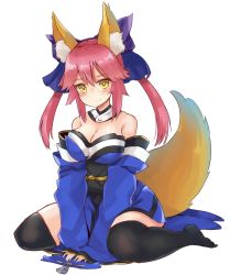 Rule 34 | 10s, 1girl, absurdres, animal ears, bare shoulders, black thighhighs, blush, bow, breasts, cleavage, detached collar, detached sleeves, fate/extra, fate (series), female focus, fox ears, fox tail, hair bow, hair ribbon, highres, japanese clothes, large breasts, long hair, looking at viewer, monobe tsukuri, pink hair, ribbon, simple background, sitting, smile, solo, tail, tamamo (fate), tamamo no mae (fate/extra), thighhighs, twintails, wariza, white background, yellow eyes