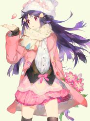 Rule 34 | 1girl, beanie, black hair, black thighhighs, blue hair, bouquet, coat, creatures (company), dawn (pokemon), flower, game freak, hair ornament, hat, layered clothes, layered skirt, long hair, long sleeves, looking away, namie-kun, nintendo, open clothes, open coat, open mouth, petals, pink eyes, pink ribbon, pokemon, pokemon dppt, red eyes, ribbon, scarf, simple background, skirt, solo, thighhighs, white background, white hat, winter clothes, winter coat