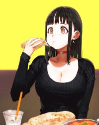 Rule 34 | 1girl, black hair, black sweater, blunt bangs, blush, breasts, brown eyes, choker, cleavage, cup, curry, drinking glass, drinking straw, earrings, eyelashes, food, food in mouth, gravy boat, highres, jewelry, jun (navigavi), long hair, naan bread, original, plate, simple background, sleeves past wrists, solo, sweater, yellow background