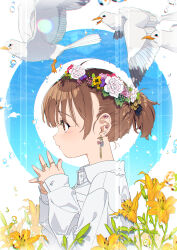 Rule 34 | 1girl, absurdres, animal, bird, brown eyes, brown hair, buttons, collared shirt, earrings, flower, from side, goshichi shoji, hair flower, hair ornament, hands up, head wreath, highres, jewelry, long sleeves, looking away, multiple rings, original, own hands together, parted lips, pink flower, ring, shirt, short hair, short ponytail, solo, steepled fingers, upper body, water drop, white shirt, yellow flower