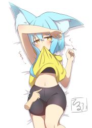 Rule 34 | 1boy, 1girl, absurdres, animal ear fluff, animal ears, arm up, armpits, bare arms, bed sheet, bike shorts, black shorts, blue hair, clothes lift, disembodied hand, feet out of frame, hair between eyes, highres, hood, hood down, hoodie, hoodie lift, idaten93, lifting own clothes, long hair, looking at viewer, mouth hold, navel, original, short shorts, shorts, sleeveless, sleeveless hoodie, solo focus, terufu-chan, white background, yellow eyes, yellow hoodie