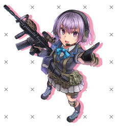 Rule 34 | 1girl, ammunition pouch, asato miyo, assault rifle, bad id, bad pixiv id, dreadtie, full body, gloves, gun, headset, highres, holding, holding gun, holding weapon, knee pads, little armory, m4 carbine, magazine (weapon), pouch, purple eyes, purple hair, rifle, short hair, solo, tomytec, vertical forward grip, weapon