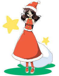 Rule 34 | 1girl, :d, animal ears, bell, brown eyes, brown hair, cat ears, christmas, glasses, hat, jingle bell, looking at viewer, naitou satoshi, open mouth, santa costume, santa hat, shadow, simple background, smile, solo, standing, star (symbol), white background