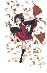 Rule 34 | 1girl, autumn leaves, black footwear, black hair, dress, eyebrows, flower, full body, grey eyes, hair flower, hair ornament, highres, holding, holding sword, holding weapon, katana, looking at viewer, official art, princess principal, red dress, sheath, short hair, slashing, slicing, solo, standing, standing on one leg, sword, toudou chise, transparent background, weapon, wide sleeves
