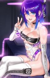 Rule 34 | 1girl, bandaid, bandaid on face, bandaid on nose, blue eyes, breasts, choker, closed mouth, collarbone, commentary, commission, deras, fingerless gloves, gloves, hair ornament, hairclip, hands up, highres, indie virtual youtuber, looking at viewer, medium breasts, medium hair, melody (projektmelody), melody (projektmelody) (1st costume), nail polish, purple hair, revealing clothes, short shorts, shorts, shrug (clothing), skindentation, smile, solo, thighhighs, virtual youtuber, vshojo, white background, white shorts, white thighhighs