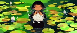 Rule 34 | 1girl, black hair, black serafuku, black shirt, butudan butugu, closed eyes, closed mouth, commentary, dot nose, facing viewer, flower, hands on own chest, in water, lily pad, long sleeves, lying, on back, original, own hands together, partially submerged, petals, school uniform, serafuku, shirt, short hair, symbol-only commentary, water, water lily flower, white flower