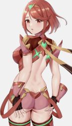Rule 34 | 1girl, ahoge, amayo thranana, ass, ass grab, bare back, blush, breasts, butt crack, deep skin, fingerless gloves, from behind, gloves, highres, looking at viewer, looking back, no bra, open mouth, parted lips, pyra (xenoblade), red eyes, red hair, red shorts, scarf, shiny clothes, shiny skin, short hair, short shorts, shorts, sideboob, solo, thighhighs, xenoblade chronicles (series), xenoblade chronicles 2