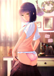 Rule 34 | 1girl, ahoge, ass, backlighting, blunt bangs, blurry, blush, book, breasts, cat hair ornament, clothes pull, cowboy shot, crotch seam, curtains, depth of field, desk, dress shirt, from behind, hair ornament, hairclip, highres, indoors, lens flare, light particles, light smile, looking at viewer, looking back, open clothes, open skirt, orange eyes, original, panties, pink panties, plaid, plaid skirt, plant, pleated skirt, potted plant, pulling own clothes, puriketsu corgy, purple hair, red skirt, school uniform, shirt, short sleeves, skirt, skirt pull, solo, standing, sunlight, sweater vest, twisted torso, underwear, undressing, wreath