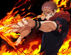 Rule 34 | 1boy, absurdres, aiming, arm tattoo, arrow (projectile), fighting stance, fire, highres, itadori yuuji, jujutsu kaisen, meowdeer, multiple eyes, pink hair, red eyes, ryoumen sukuna (jujutsu kaisen), tattoo, torn clothes