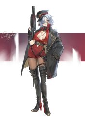 Rule 34 | 1girl, absurdres, black coat, blue hair, boots, breasts, buttons, coat, commentary, dalimao, glasses, green eyes, gun, hair over one eye, hand in pocket, hand up, hat, high heel boots, high heels, highres, holding, holding gun, holding weapon, jewelry, looking at viewer, medium breasts, military hat, necklace, one eye covered, original, pantyhose, parted lips, pouch, romper, solo, standing, thigh boots, thighhighs, weapon