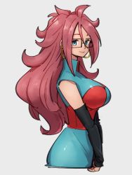 Rule 34 | 1girl, android 21, blue eyes, breasts, checkered clothes, checkered dress, closed mouth, dragon ball, dragon ball fighterz, dress, earrings, glasses, grey background, hair between eyes, hoop earrings, jewelry, kemachiku, large breasts, long hair, looking at viewer, red hair, simple background, smile, solo