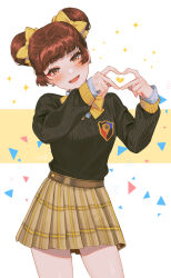 Rule 34 | 1girl, :d, blunt bangs, blush, bow, bowtie, breasts, brown eyes, brown hair, contrapposto, copyright request, cowboy shot, diz (kartrider), double bun, earrings, hair bow, hair bun, hands up, heart, heart hands, highres, jewelry, large breasts, looking at viewer, noriuma, open mouth, orange eyes, plaid, plaid skirt, pleated skirt, simple background, skirt, sleeves past wrists, smile, solo, sparkle, star (symbol), star earrings, sweater, yellow bow, yellow bowtie