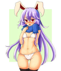 Rule 34 | animal ears, arm behind back, ass, bikini, blush, breasts, commentary request, gluteal fold, haruirokomici, highres, long hair, looking at viewer, micro bikini, navel, open mouth, rabbit ears, reisen udongein inaba, scarf, scarf grab, simple background, small breasts, solo, stomach, swimsuit, thighhighs, touhou, wide hips