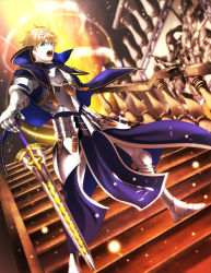 Rule 34 | 1boy, armor, armored boots, arthur pendragon (fate), bad id, bad pixiv id, blonde hair, blue eyes, boots, capelet, dutch angle, fate/prototype, fate (series), full body, holding, holding sword, holding weapon, kata4859, male focus, open mouth, solo, stairs, standing, sword, weapon