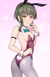 Rule 34 | 1girl, adapted costume, animal ears, ass, bad id, bad pixiv id, blue bow, blue bowtie, bob cut, bow, bowtie, braid, breasts, detached collar, fake animal ears, green hair, grey pantyhose, highres, ishiusu, kantai collection, leotard, looking at viewer, pantyhose, playboy bunny, purple leotard, rabbit ears, rabbit tail, short hair, short hair with long locks, sidelocks, small breasts, solo, strapless, strapless leotard, tail, takanami (kancolle), wrist cuffs, yellow eyes