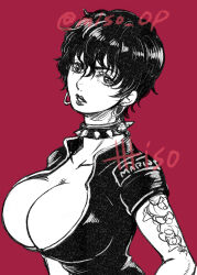 Rule 34 | 1girl, arm tattoo, artist name, black hair, breasts, cleavage, collar, collared jacket, commentary, doll (one piece), earrings, eyelashes, greyscale with colored background, head tilt, highres, hoop earrings, impossible clothes, jacket, jewelry, large breasts, lipstick, looking at viewer, makeup, misokkasu, one piece, parted lips, portrait, red background, short hair, simple background, sketch, solo, spiked collar, spikes, tattoo, tsurime, twitter username, upper body