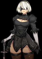 Rule 34 | 1girl, black background, black gloves, black thighhighs, blindfold, breasts, brown thighhighs, cowboy shot, gloves, hairband, highres, leotard, medium breasts, mole, mole under mouth, nier (series), nier:automata, norman maggot, short hair, simple background, skindentation, skirt, solo, sword, thighhighs, thighs, weapon, white gloves, white hair, 2b (nier:automata)