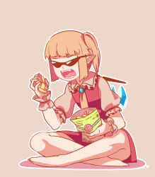 Rule 34 | 1girl, ascot, bag of chips, blunt bangs, brooch, chips (food), collar, eating, fangs, flandre scarlet, food, frilled collar, frilled sleeves, frills, full body, highres, indian style, jewelry, leaning forward, pointy ears, puffy short sleeves, puffy sleeves, red skirt, red vest, short hair, short ponytail, short sleeves, side ponytail, simple background, sitting, skirt, solo, sunglasses, touhou, vest, wings, wrist cuffs, yoruny