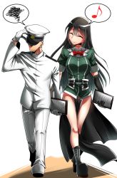 Rule 34 | 10s, 1boy, 1girl, admiral (kancolle), black hair, boots, breasts, chikuma (kancolle), clipboard, height difference, highres, kantai collection, large breasts, long hair, military, military uniform, neshia (tsaqif0309), smile, tall female, uniform