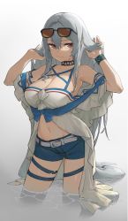 Rule 34 | 1girl, absurdres, arknights, armpits, bare shoulders, black choker, blouse, blue shorts, choker, commentary request, cowboy shot, eyewear on head, gradient background, hands up, highres, infection monitor (arknights), kiryuu haru (445), long hair, low-tied long hair, navel, no headwear, off-shoulder shirt, off shoulder, official alternate costume, partially submerged, red eyes, shirt, short shorts, short sleeves, shorts, silver hair, skadi (arknights), skadi (waverider) (arknights), solo, standing, stomach, sunglasses, thigh strap, thighs, very long hair, wading, water, white shirt