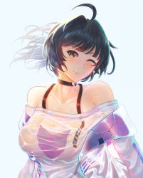 Rule 34 | 1girl, artist request, bare shoulders, billy gulliano, blue background, blush, braid, breasts, choker, closed mouth, collarbone, dress, floating hair, hair ornament, highres, honkai (series), jacket, large breasts, long hair, looking at viewer, off-shoulder dress, off shoulder, one eye closed, open clothes, open jacket, ponytail, purple eyes, purple hair, raiden mei, raiden mei (striker fulminata), sidelocks, simple background, smile, solo, wet